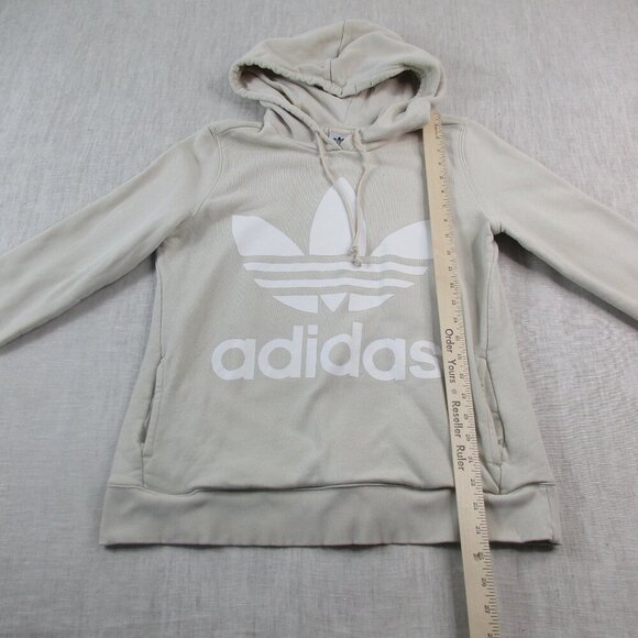 Adidas Original Sports Hoodie Women Medium Beige Big Logo Long Sleeve Drawstring - Picture 5 of 8